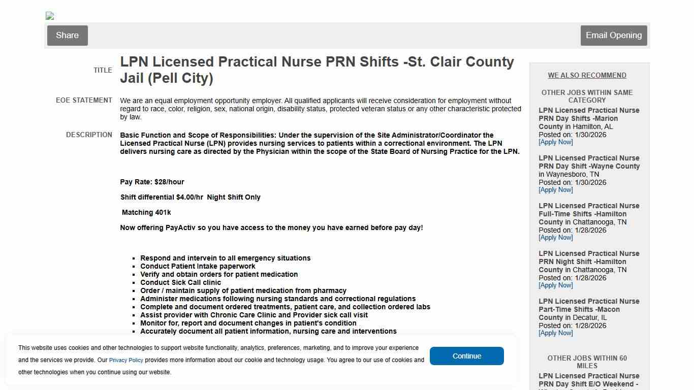 Job Information: LPN Licensed Practical Nurse PRN Shifts -St. Clair County Jail (Pell City) Job